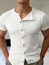 Men's Solid Color Asymmetric Placket Textured Button Short Sleeve T-shirt SKUL59951