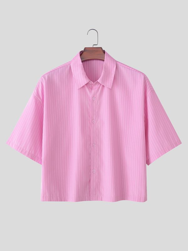 Men's Trendy Casual Lightweight Vertical Striped Boxy Cropped Short Sleeve Shirt SKUL68346