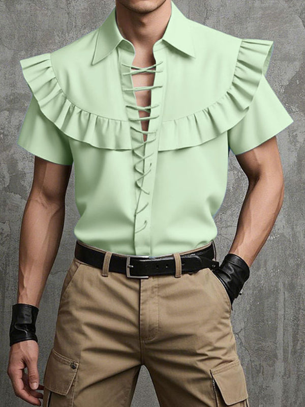 Men's Casual Lace Up Interwoven Short Sleeve Shirt SKUL10752