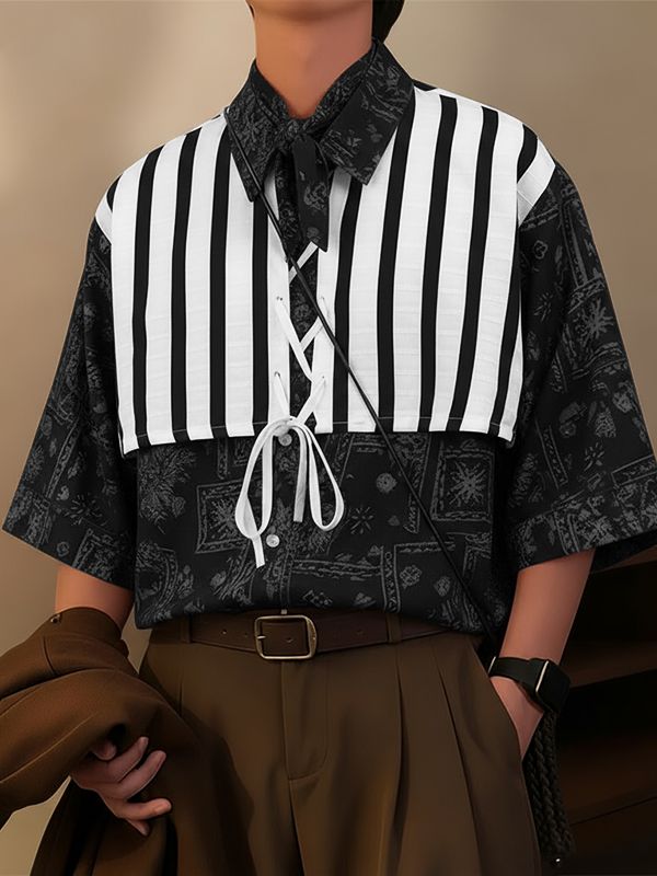 Men's Striped Lace Print Half Sleeve Shirt SKUL40707