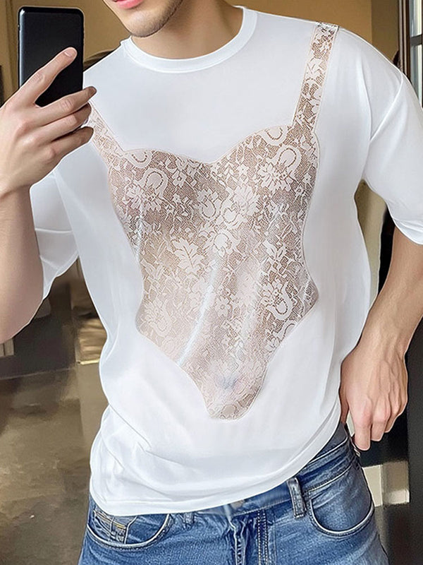 Mens Lace Patchwork Casual Short Sleeve T-Shirt SKUL13907