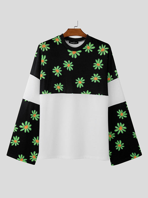 Mens Daisy Print Patchwork Long Sleeve T-Shirt SKUK80423
