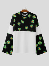 Mens Daisy Print Patchwork Long Sleeve T-Shirt SKUK80423