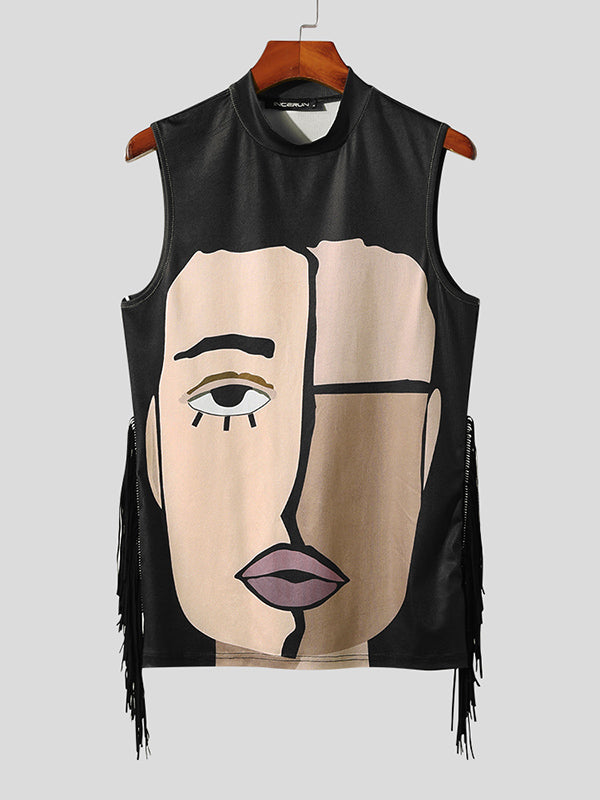 Mens Abstract Face Print Fringe Design Vest SKUK03266