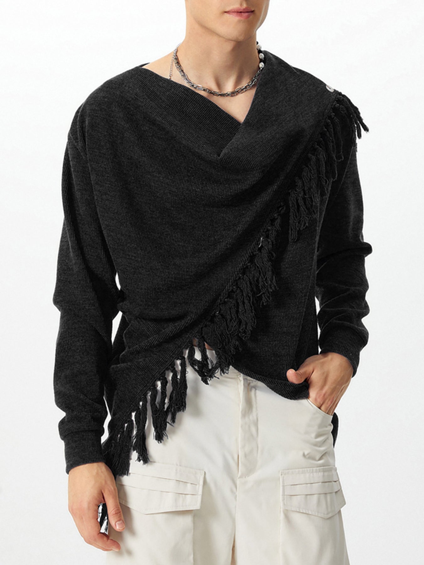 Mens Knitted Fringe Cowl Neck Long Sleeve Cardigan SKUK79210