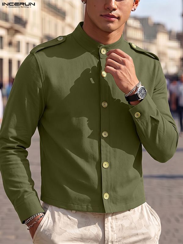 Men's Smart-Casual Military-Inspired Mandarin Collar Slim Fit Shirt SKUL77983