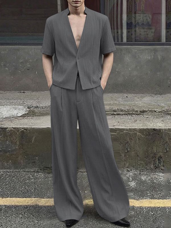 Men's Solid Color Textured Casual Two Pieces Outfit SKUL54446