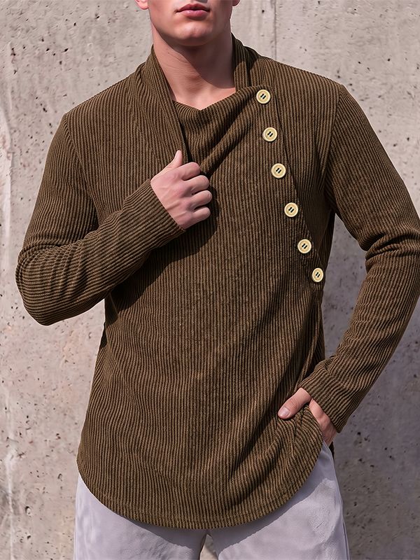 Men's Avant-Garde Early Autumn Casual Asymmetrical Side Button Vertical Stripe Long Sleeve Cowl Neck T-shirt SKUL83122