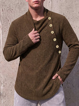 Men's Avant-Garde Early Autumn Casual Asymmetrical Side Button Vertical Stripe Long Sleeve Cowl Neck T-shirt SKUL83122