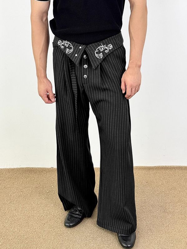 Men's Striped Embroidered Wide Leg High Waist Pant SKUL31995