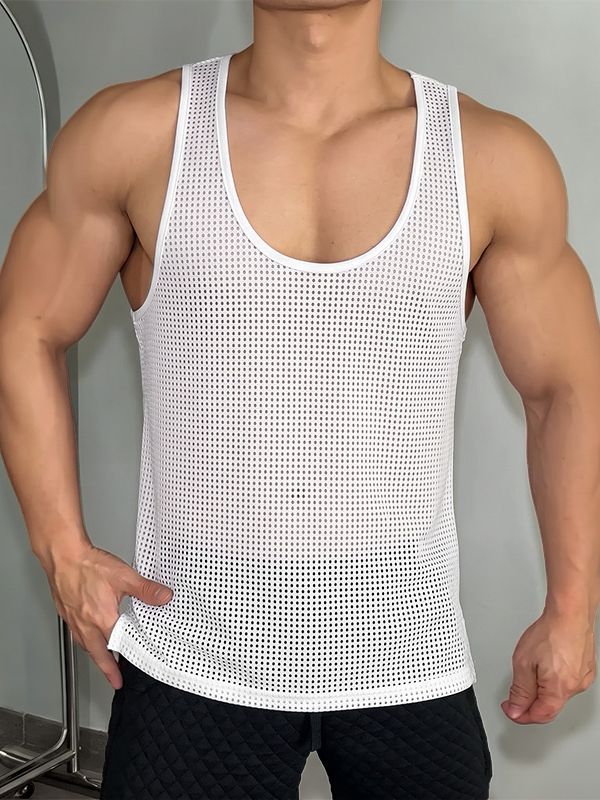 Men's Sexy Gym See-Through Fishnet Mesh Muscle Slim Sleeveless Scoop Neck Tank SKUL76004