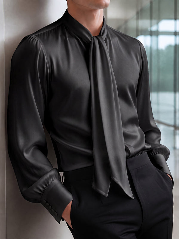 [Pre-order] Men's Victorian Romantic Evening Gala Lavalliere Tie Neck Silk Satin Bishop Sleeve Shirt SKUL89018