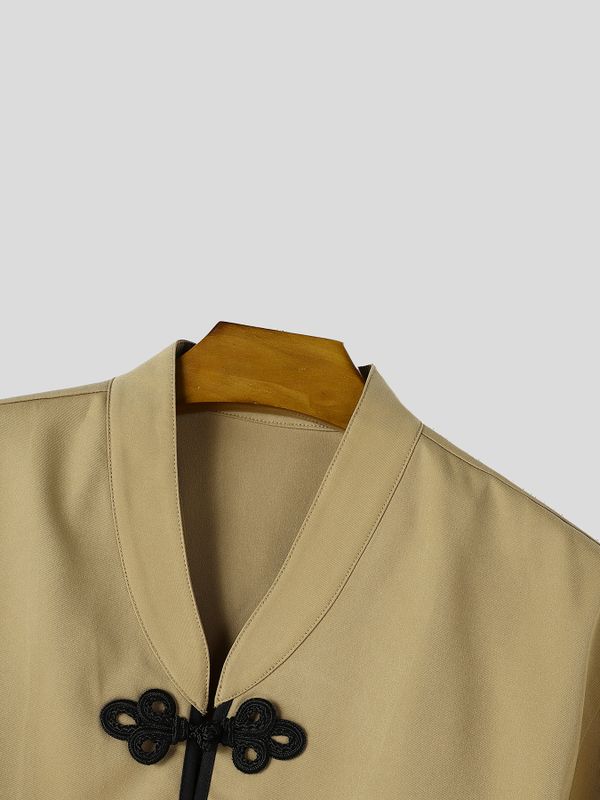 Men's Neo-Chinese Chic Tea Gathering Contrast Frog Button V-Neck Cropped Shirt SKUL86017