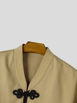 Men's Neo-Chinese Chic Tea Gathering Contrast Frog Button V-Neck Cropped Shirt SKUL86017
