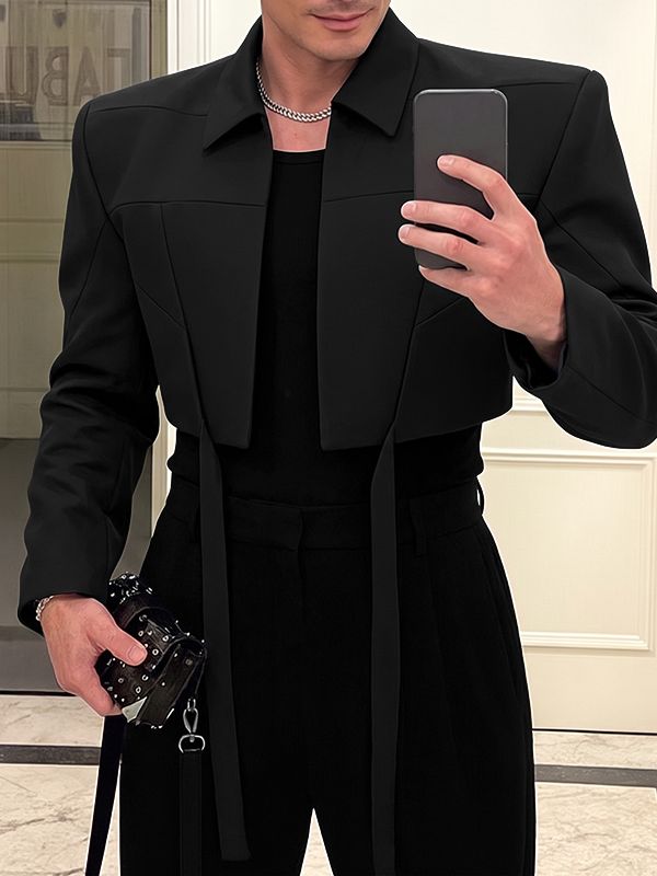 Men's Avant-Garde Runway Ultra Cropped Hanging Streamer Long Sleeve Lapel Collar Crop Jacket SKUL83120