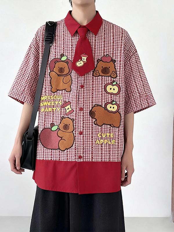 Men's Cartoon Print Plaid Short Sleeve Shirt SKUL50069