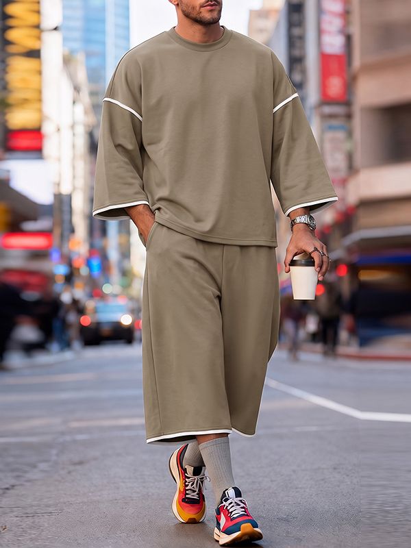 Men's Urban Streetwear City Walk Contrast Trim Oversized Drop-Shoulder Two Pieces Outfit SKUL84618