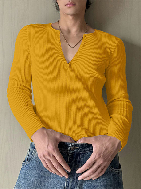 Men's Solid Texture Ribbed Long Sleeve T-Shirt SKUL29521