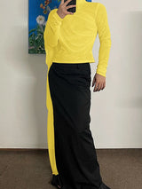 Men's Deconstructed Solid Color Ribbon Long Sleeve T-shirt SKUL44014