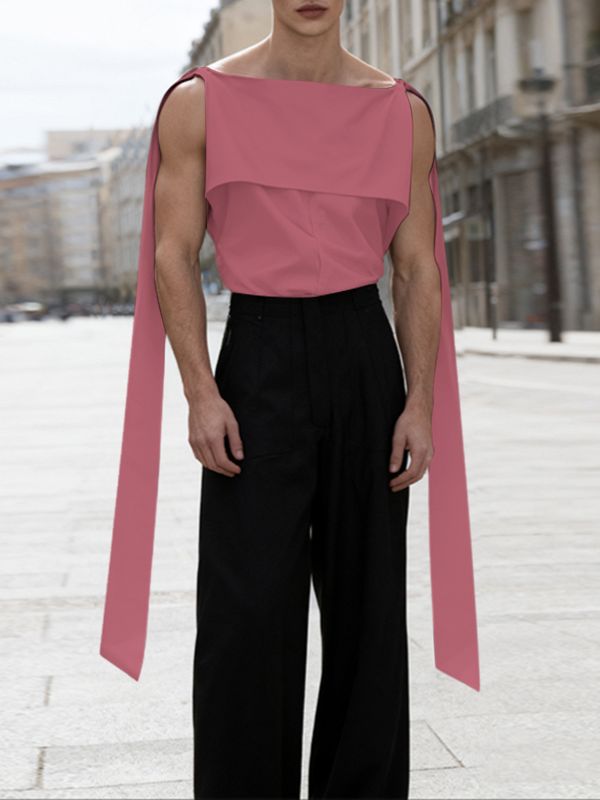 Men's Solid Color Ribbon Flap Off Shoulder Tank SKUL42647