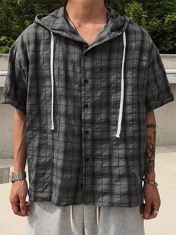 Mens Plaid Hooded Short Sleeve Shirt SKUL21113