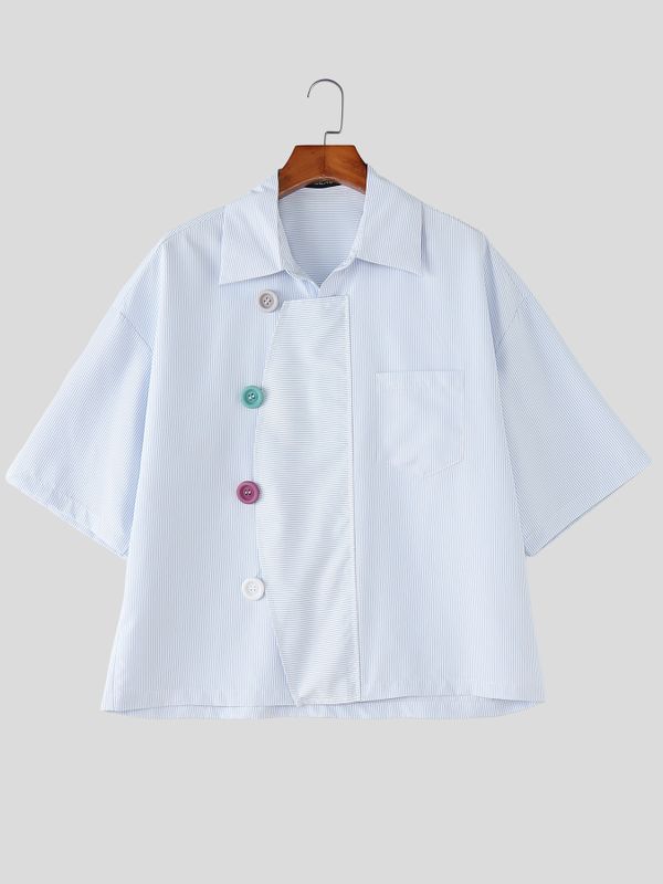 Men's Asymmetrical Striped Patchwork Oversized Colorful Button Shirt SKUL60812