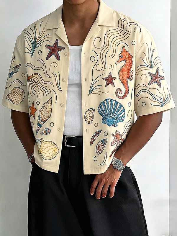 Men's Resort Vacation Lightweight Ocean Sea Life Graphic Cuban Collar Short Sleeve Shirt SKUL54692
