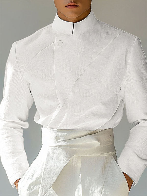 Mens Textured Stand Collar Long Sleeve Shirt SKUK99994