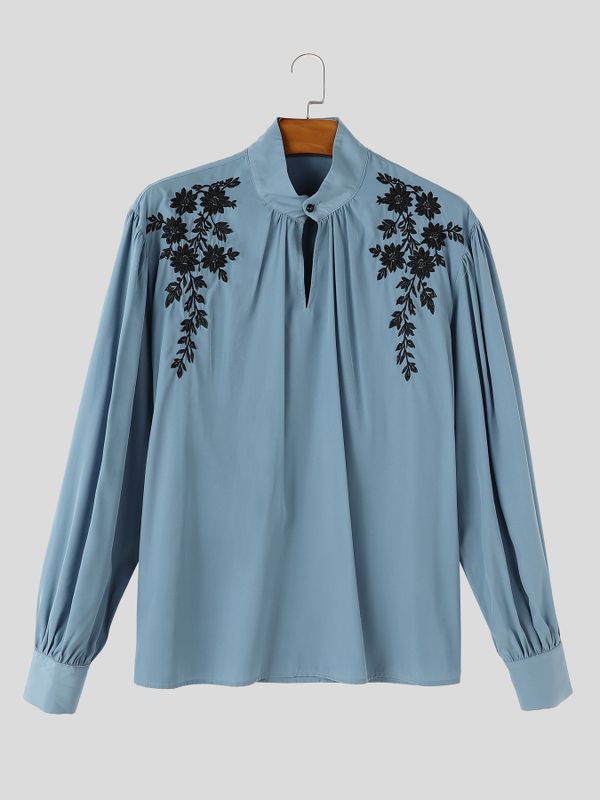 Men's Retro Contrast Floral Embroidery Keyhole Cutout Bishop Long Sleeve Stand Collar Shirt SKUL81112