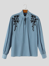 Men's Retro Contrast Floral Embroidery Keyhole Cutout Bishop Long Sleeve Stand Collar Shirt SKUL81112
