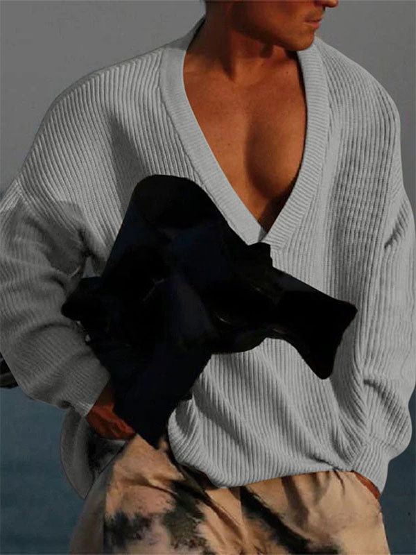 Men's Solid Deep V-Neck Long Sleeve Sweater SKUL24792