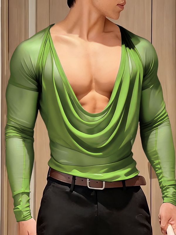 Men's Sheer Mesh Cowl Neck Long Sleeve T-shirt SKUL41054