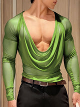 Men's Sheer Mesh Cowl Neck Long Sleeve T-shirt SKUL41054