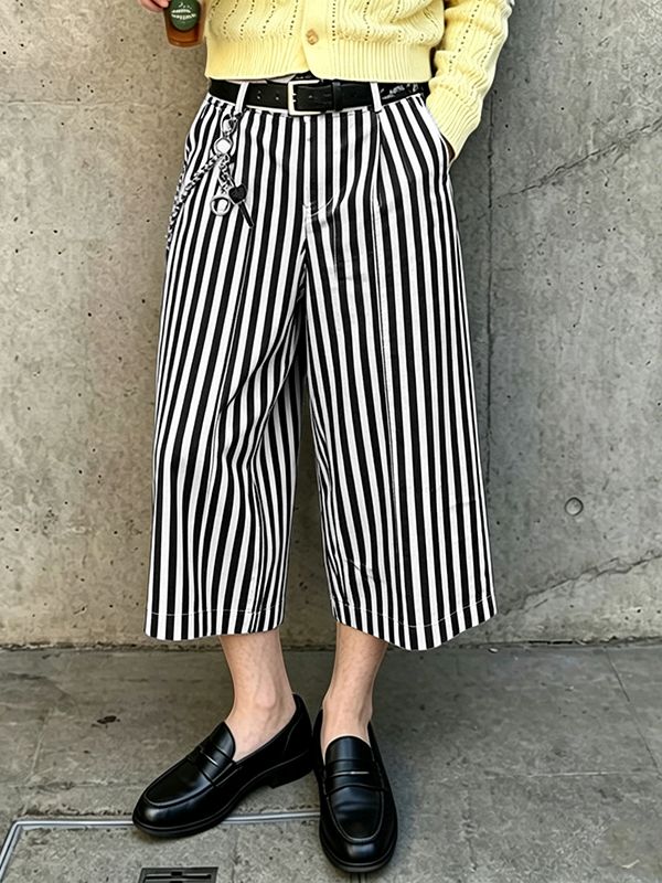 Men's Japanese Vintage Vertical Stripe High Waist Wide Leg Pant SKUL68470