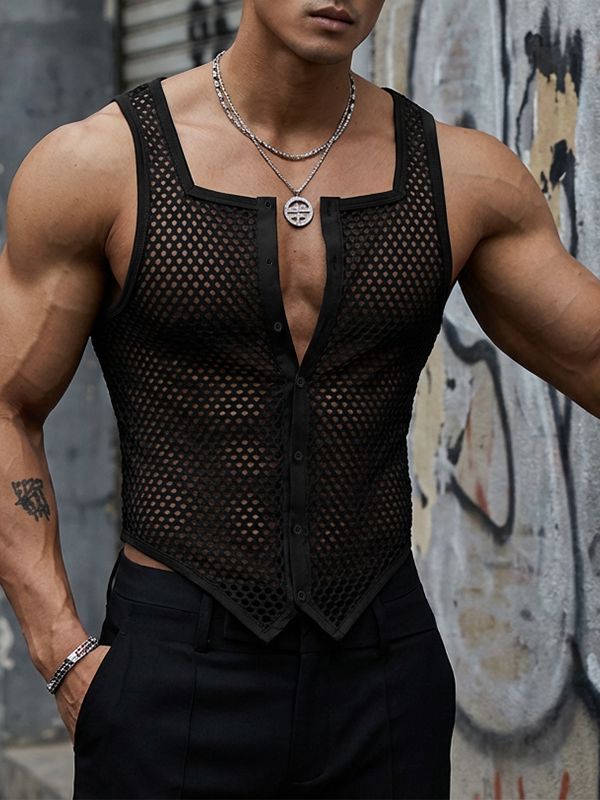 Men's Sheer Mesh Square Neck Pointed Hem Tank SKUL54101