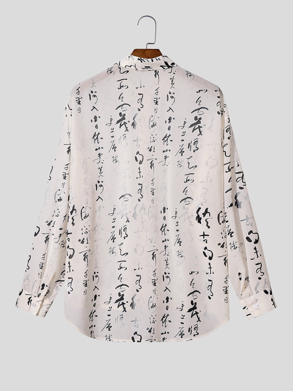 Men's Chinese Character Print Sheer Mesh Long Sleeve Shirt SKUL23478
