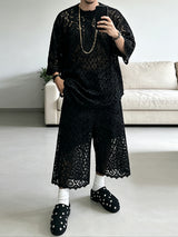 [Pre-order] Men's Avant-Garde Vacation Resort Sheer Floral Lace Half-Sleeve Two Pieces Outfit SKUL86944