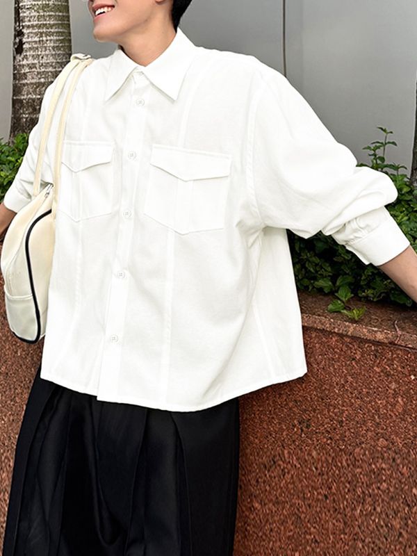 Men's Japanese Streetwear City Boy Oversized Boxy Cropped Utility Button-Up Shirt SKUL78182