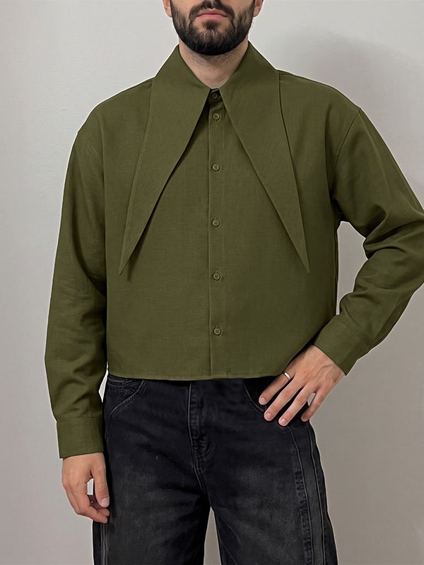 Men's High Street Early Autumn Drop Shoulder Cropped Long Sleeve Exaggerated Lapel Collar Shirt SKUL76420