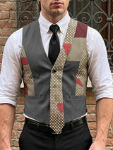 Men's Vintage Patchwork Faux-Tie Tailored Suit Waistcoat SKUL66931