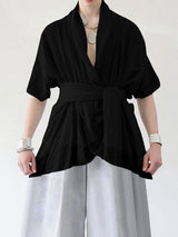 Men's Asymmetrical Placket Tie Short Sleeve Cardigan SKUL24951