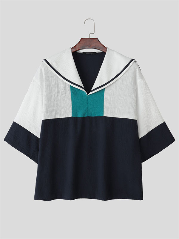 Men's Colorblock Sailor Collar Long Sleeve Shirt SKUL29582