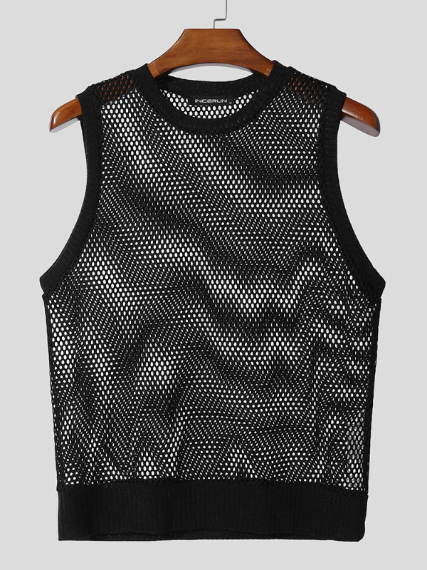 Mens Sheer Mesh Hollow-Out Crew Neck Tank SKUL18803