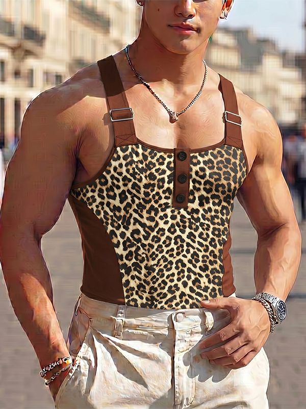 Men's Clubwear Leopard Print Color Block Strap Button Tank SKUL73608