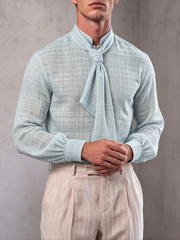 Men's Retro Party Integrated Ascot Scarf Crinkle Long Sleeve Shirt SKUL81103