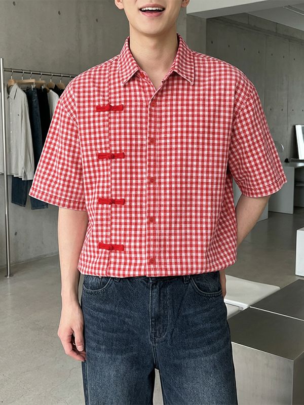 Men's Plaid Frog Button Short Sleeve Shirt SKUL56148