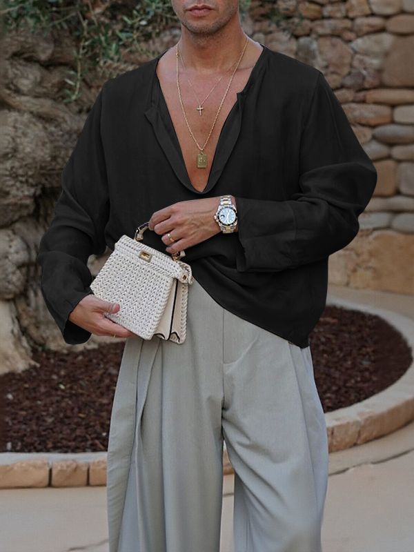 Men's Solid Color V Neck Long Sleeve T-shirt SKUL51933