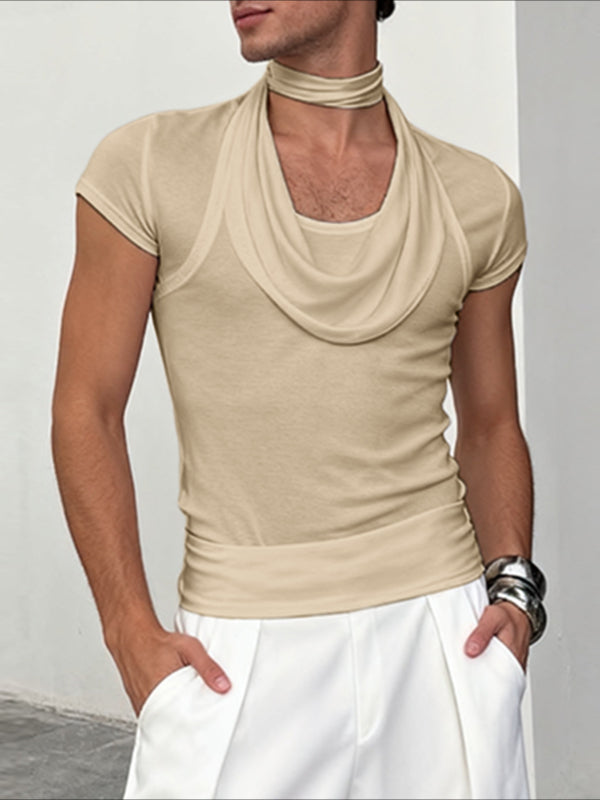 Men's Solid Color Knit Neck Warmer Short Sleeve T-shirt SKUL45176