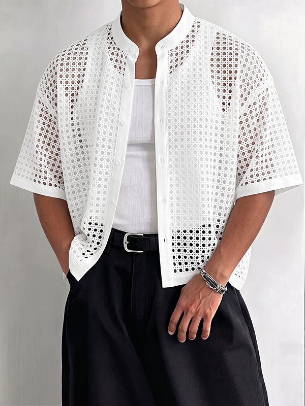 Men's Vintage Modern Chinese Mandarin Collar All-Over Eyelet Lace Cropped Short Sleeve Shirt SKUL71416