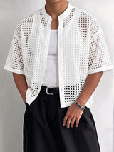 Men's Vintage Modern Chinese Mandarin Collar All-Over Eyelet Lace Cropped Short Sleeve Shirt SKUL71416